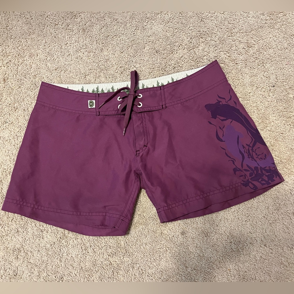 Cute plum color ladies board shorts with koi design by Planet Earth, Size 3